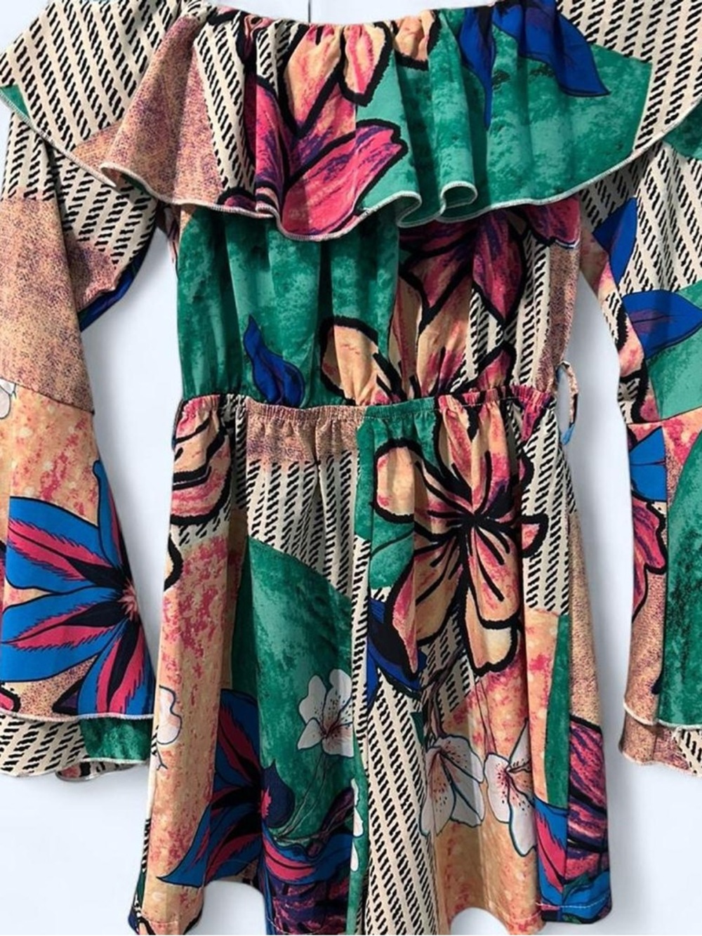 Floral Off-Shoulder Dress with Green & Pink Print